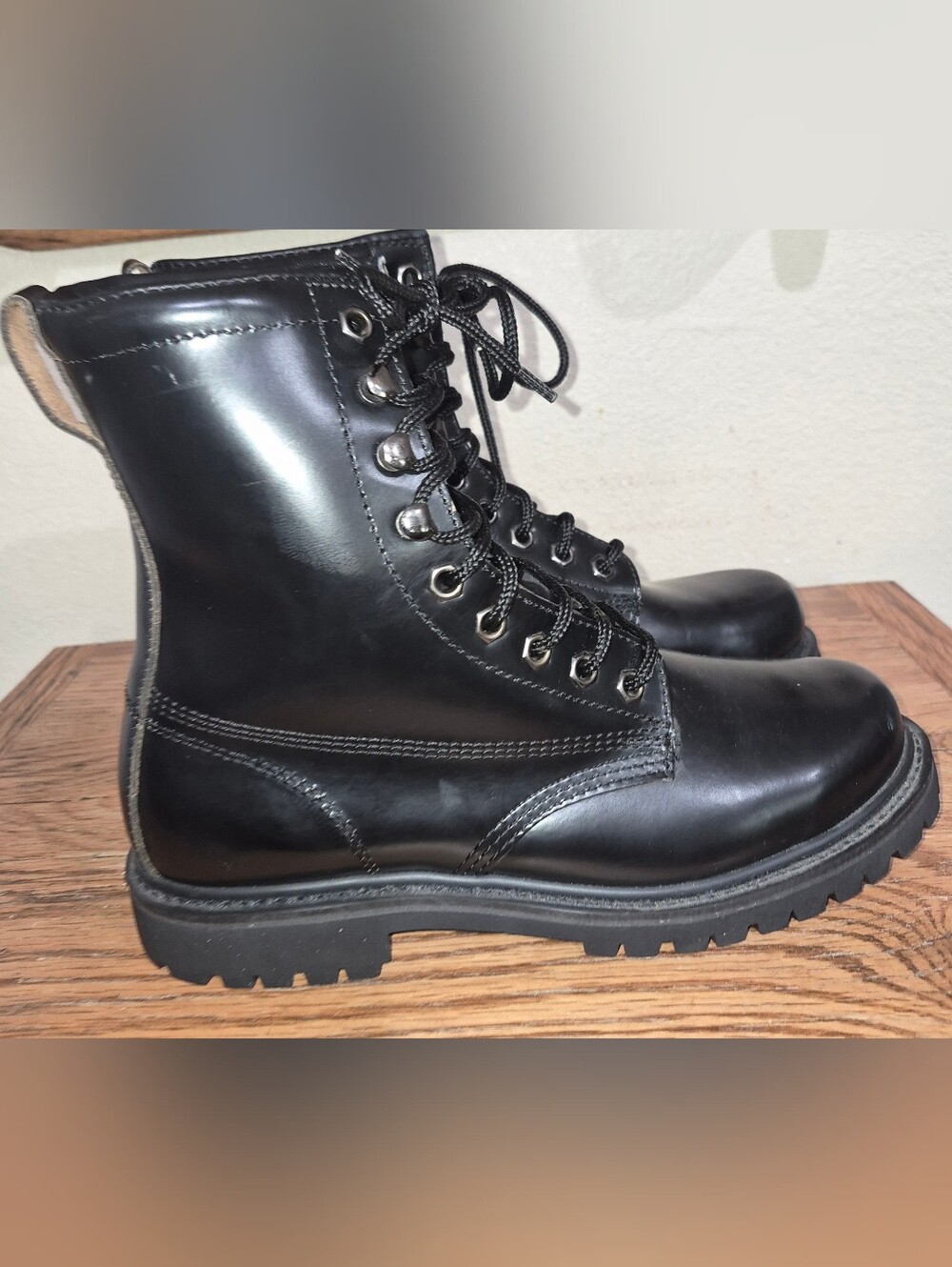 Vintage ALP Black Leather Combat Work Boots Mens Size 8 Steel Toe